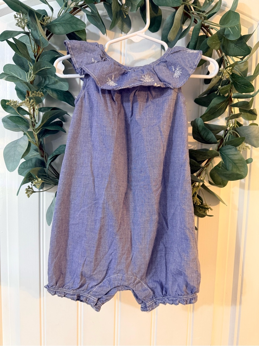 💫4/$25 • Little Planet Blue Chambray Ruffle Organic Cotton Romper